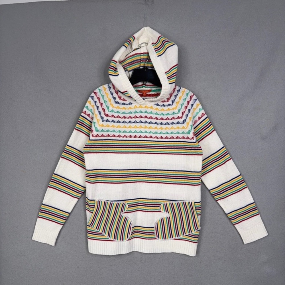 ModCloth Hoodie Sweater Womens Large White Multi Stripe Fair Isle Retro Boho - Picture 1 of 7
